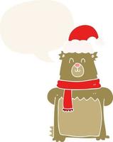 cartoon bear wearing christmas hat and speech bubble in retro style vector