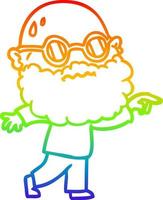 rainbow gradient line drawing cartoon worried man with beard and spectacles pointing finger vector