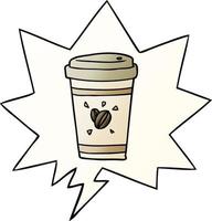 taza de dibujos animados de café para llevar y burbuja del habla en un estilo de gradiente suave vector