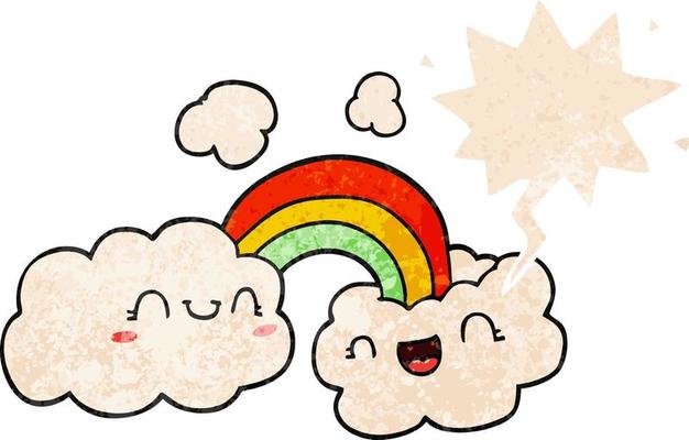 happy cartoon clouds and rainbow and speech bubble in retro textured style