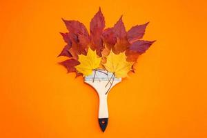 Paint brush with dry bright autumn leaves concept photo