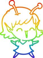 rainbow gradient line drawing cartoon alien girl laughing vector