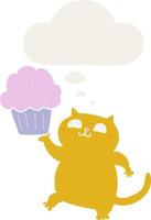 gato de dibujos animados con cupcake y burbuja de pensamiento en estilo retro vector