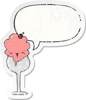 lindo desierto de helado de dibujos animados y etiqueta engomada angustiada de la burbuja del habla