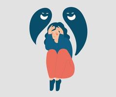 Woman with dissociative identity disorder. Pessimistic girl with mental illness. Girl with Schizophrenia symptoms looks scared tries to hide her face. Concept of Split Personality and mental health. vector