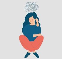 Confused woman sits on the floor has negative thoughts. Sad teenage girl with tangled thoughts suffers from mental health disorder. Concept of depression, stress and anxiety. Vector illustration.