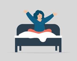 embarazada sale de la acogedora cama con los brazos abiertos. la mujer que espera un bebé se despierta por la mañana del sueño y usa pijama. concepto de estado de ánimo positivo, estilo de vida durante el embarazo y bienestar mental. vector