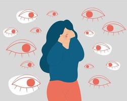 Young woman surrounded by big evil eyes, feels helpless and overwhelmed. Sad girl suffers from verbal abuse and bullying. Concept of mental health disorder, phobia, and fears. Vector stock