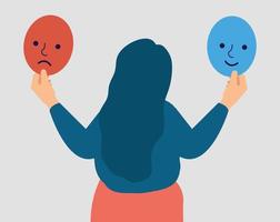 Faceless girl suffers from Bipolar disorder holds two faces, happy and sad mask. Young woman has psychological disease and schizophrenia. Mental health illness concept. Vector illustration