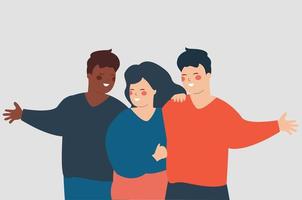Group of young people from different ethnicities hugging each other and celebrating an event. Set of friends embrace each other and dance. Illustration of Happy youth Day or back to school concept. vector
