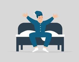 Man awake from sleep wearing a pyjamas in the morning. Happy teenage boy gets out of the cozy bed and stretching his arms. Concept of good mood, healthy lifestyle and mental wellbeing. Vector stock