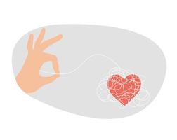 Psychologist unravels tangled tangle untangled around heart. Big hand helps and supports a heart with problems. Psychotherapy, Phycology, mental health, love concept. Vector illustration