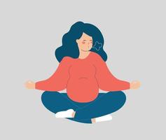 Young woman expecting a baby and practicing breathing exercises. Pregnant sits in yoga lotus position and makes inhale exhale. Concept of new maternity mental health wellbeing and respiratory system. vector