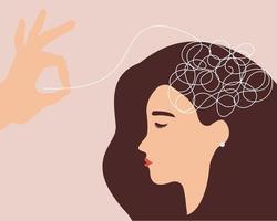 Woman suffering from stress and depression get a help. Girl with tangled negative thoughts gets support from a psychologist. Mental health disorders and psychological problems concept. Vector stock.