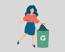 Happy young woman throws away trash, garbage or rubbish into trash bin with a recycling symbol. Green ecology, environment protection and earth day concept. Vector illustration.