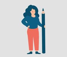 Confident business Woman holds a big pencil. Blogger young female content writer or community manager stands with pencil. Blogging and copywriting services concept. illustration of proofreader. Vector
