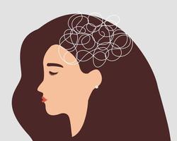 Sad woman with bewildered and tangled thoughts in her mind. unhappy girl suffers from depression, stress or anxiety. Mental health disorder concept. Vector stock