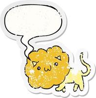 cartoon lion and speech bubble distressed sticker vector