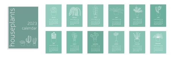 A4 calendar for 2023. Cute potted flowers. A set of pages for 12 months of 2023. Vector illustration. The week starts on Monday.