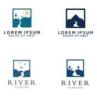 logotipos de ríos, arroyos, riberas y arroyos. logotipo del río con combinación de montañas y tierras de cultivo con plantilla de ilustración vectorial de diseño conceptual. vector