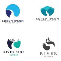 Logos of rivers, creeks, riverbanks and streams. River logo with combination of mountains and farmland with concept design vector illustration template.