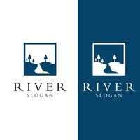 Logos of rivers, creeks, riverbanks and streams. River logo with combination of mountains and farmland with concept design vector illustration template.