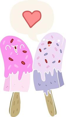 cartoon ice lolly in love and speech bubble in retro style