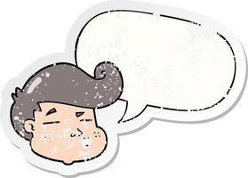 cartoon boy's face and speech bubble distressed sticker vector