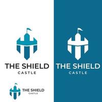 Castle logo silhouette, castle logo with shield combination design vector illustration template.