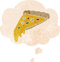 cartoon pizza slice and thought bubble in retro textured style vector