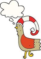 cartoon chicken in funny christmas hat and thought bubble vector