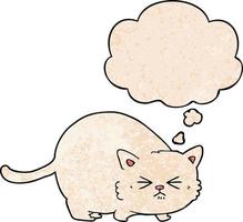 cartoon angry cat and thought bubble in grunge texture pattern style vector