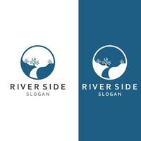 Logos of rivers, creeks, riverbanks and streams. River logo with combination of mountains and farmland with concept design vector illustration template.