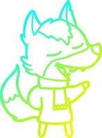 cold gradient line drawing cartoon wolf in scarf laughing vector