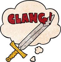 cartoon clanging sword and thought bubble in grunge texture pattern style vector