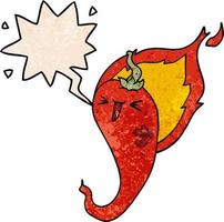 cartoon flaming hot chili pepper and speech bubble in retro texture style vector