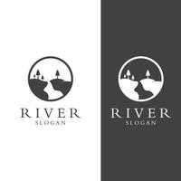 Logos of rivers, creeks, riverbanks and streams. River logo with combination of mountains and farmland with concept design vector illustration template.