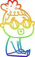 rainbow gradient line drawing cartoon sitting woman wearing spectacles vector