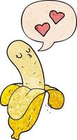 cartoon banana in love and speech bubble in retro texture style vector