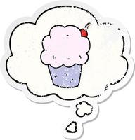 cartoon cupcake and thought bubble as a distressed worn sticker vector