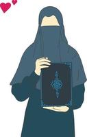 mujer musulmana en hijab elegante sosteniendo un libro vector