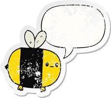 cute cartoon bee and speech bubble distressed sticker vector