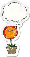 cartoon flower and thought bubble as a distressed worn sticker vector