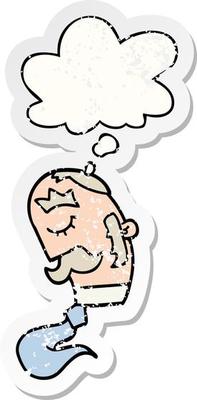 cartoon man with mustache and thought bubble as a distressed worn sticker