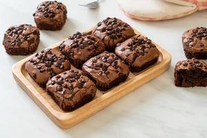 dark chocolate brownies topped by chocolate chips photo