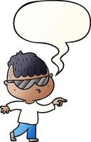 cartoon boy wearing sunglasses pointing and speech bubble in smooth gradient style vector