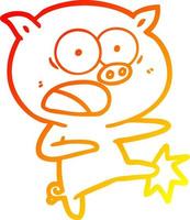 warm gradient line drawing cartoon pig shouting and kicking vector