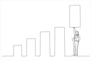 el dibujo de una mujer de negocios confiada ayuda a elevar el gráfico de barras a un nuevo nivel alto. aumentar las ventas o aumentar los ingresos. estilo de arte de una sola línea vector