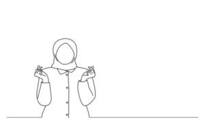Cartoon of smiling young asian muslim business woman showing finger hearts. One line art vector