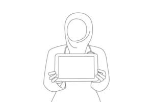 dibujo de una joven doctora musulmana que demuestra una pantalla en blanco de una tableta. arte de estilo de dibujo de contorno vector